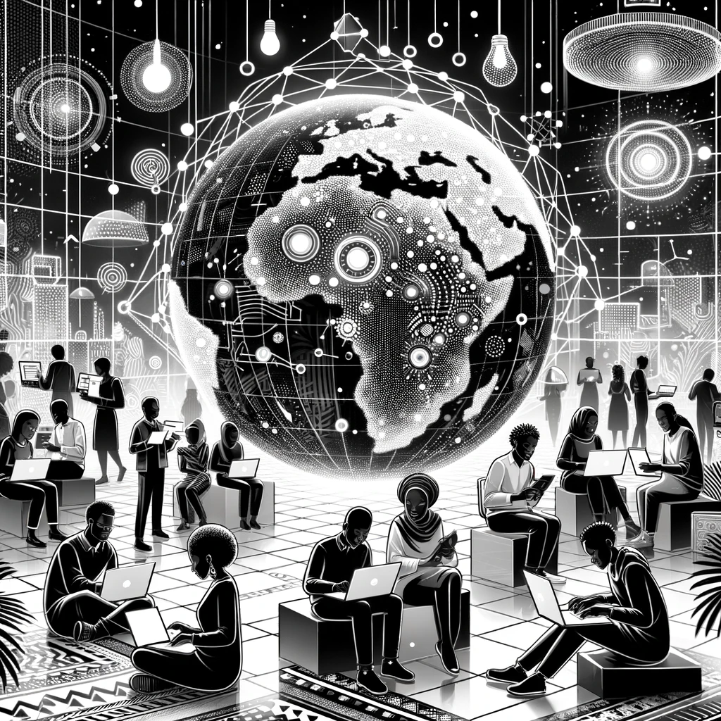ChatGPT/DALL-E: a black and white illustration symbolizing a vibrant and active AI developer community set in Africa.