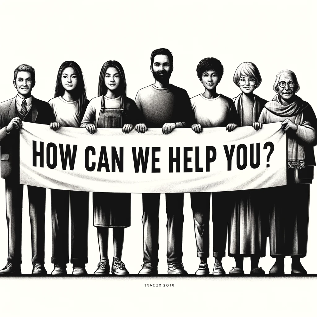 ChatGPT/DALL-E: An illustration depicting a group of people holding a banner that says "How can we help you?"