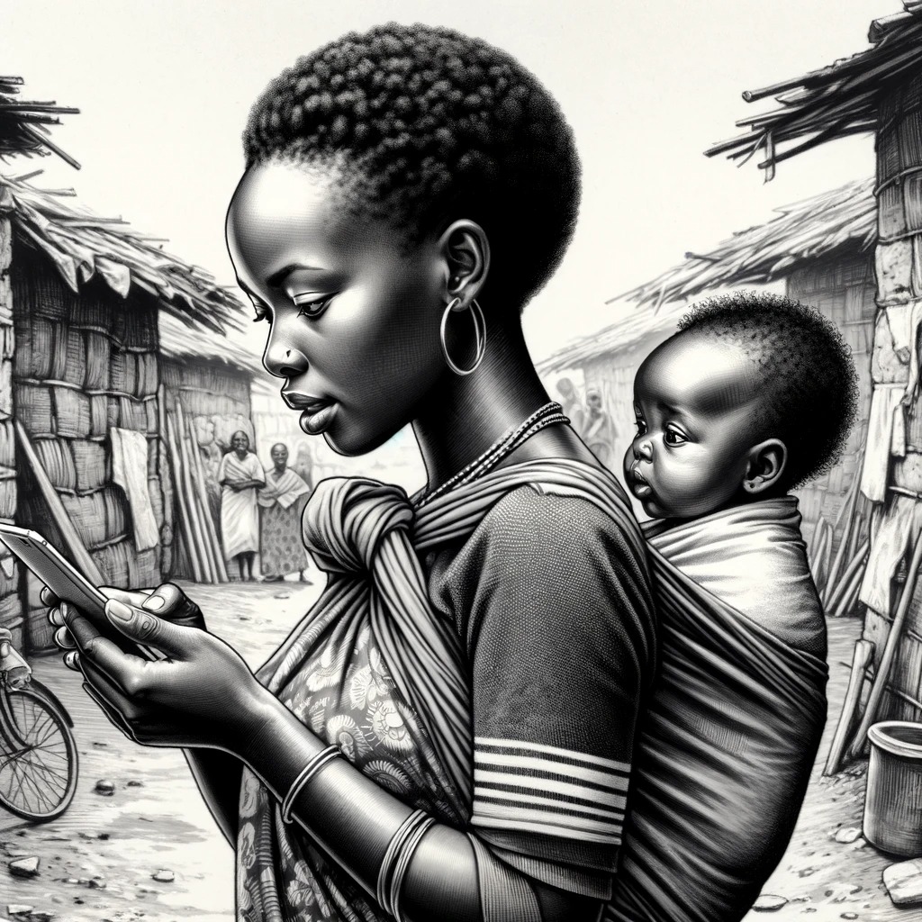 A black and white illustration of a woman in a shanty town carrying a baby on her back while looking at her mobile phone. 