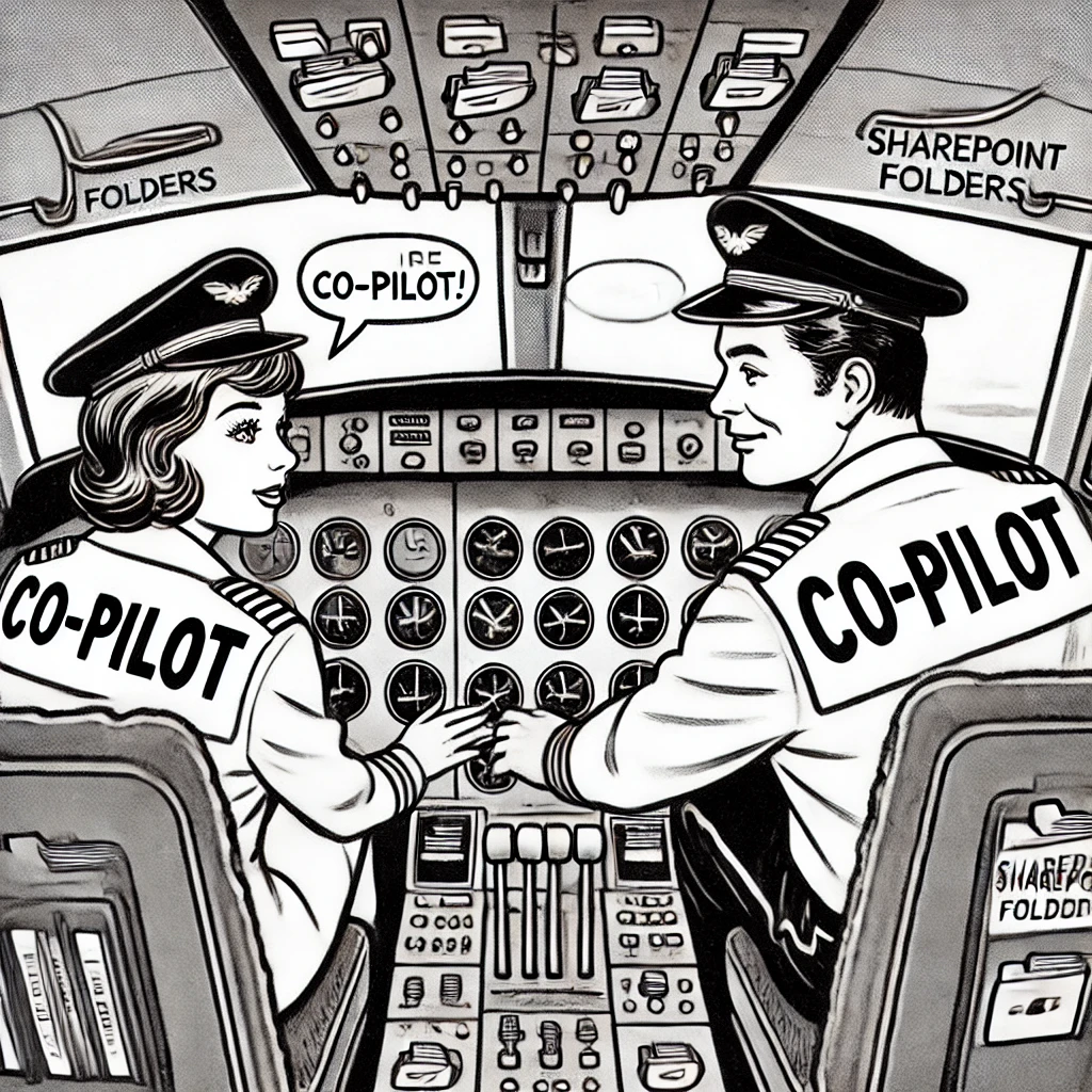 ChatGPT 4o / DALL-E: A black and white illustration of two NGO workers, a pilot and a co-pilot, flying a plane full of data and SharePoint folders.