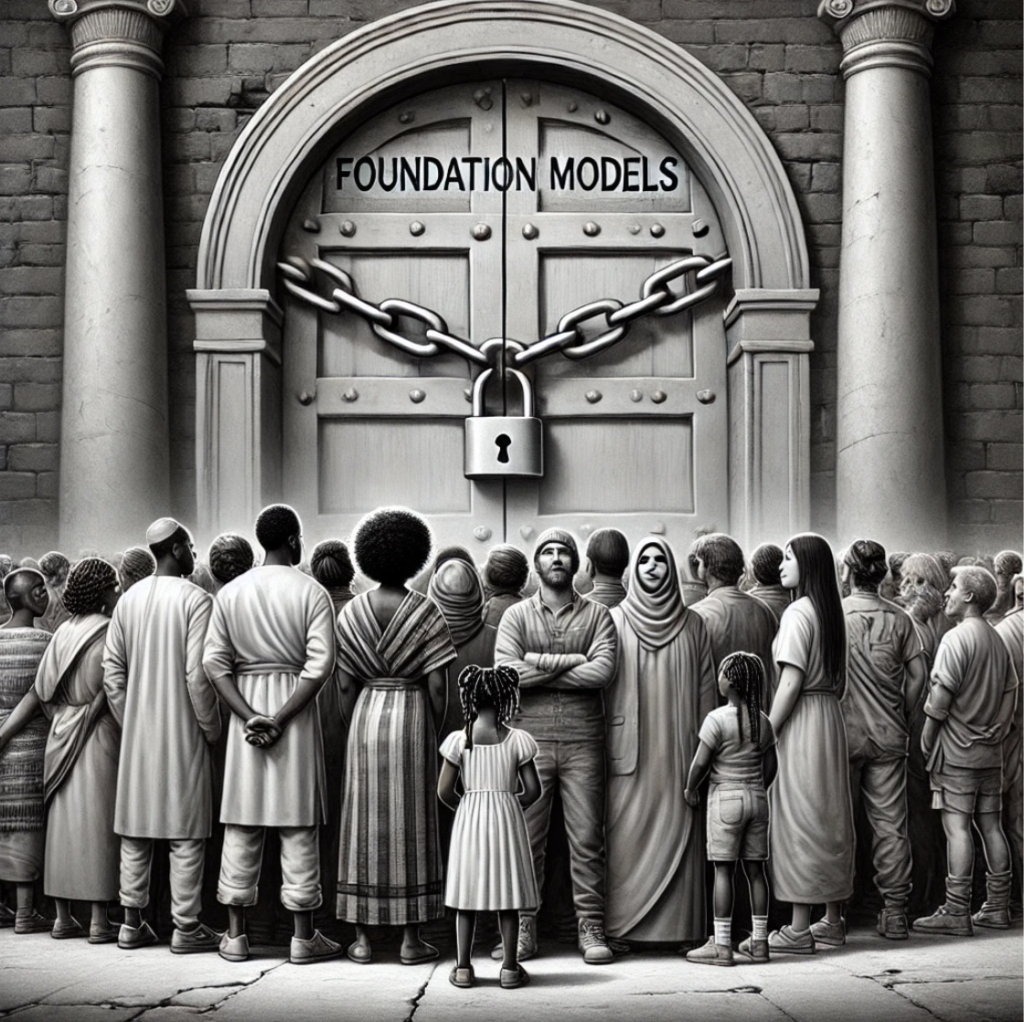 A group of people standing in front of a large door that says Foundational Models. There is a heavy lock barring them from access.