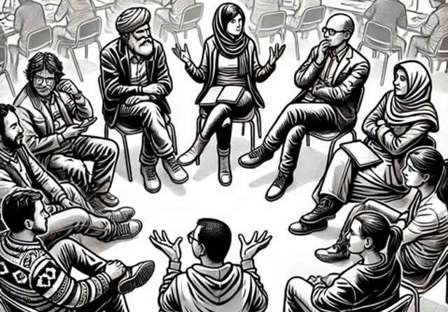 A group of people sitting in a circle, having an animated discussion