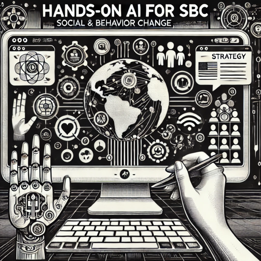 A busy AI-generated image that shows a laptop and AI symbolism and says "Hands-On AI for SBC Social & Behavior Change"