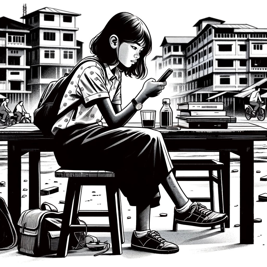 A 15-year-old girl in a middle income country looking intently at her phone.