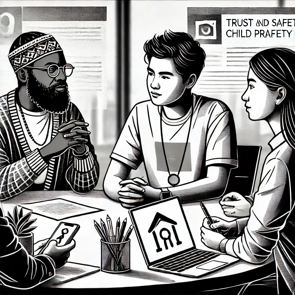 An illustration of a diverse group of trust and safety and NGO staff members sitting around a table discussing protection, safety and safeguarding