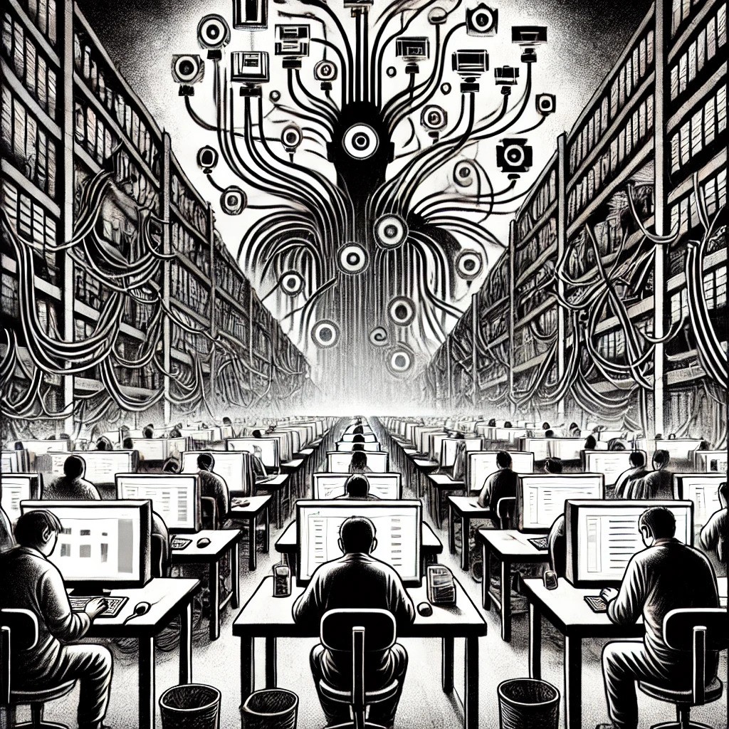 A room full of humans working on computers surrounded by towering shelves, overseen by an octopus like oveerseer