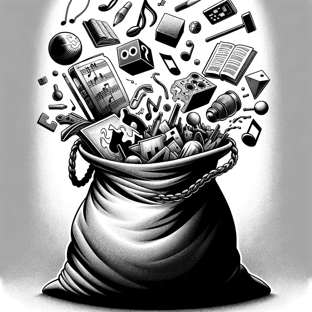 An image of a bag containing several objects. Generated by DALL-E.