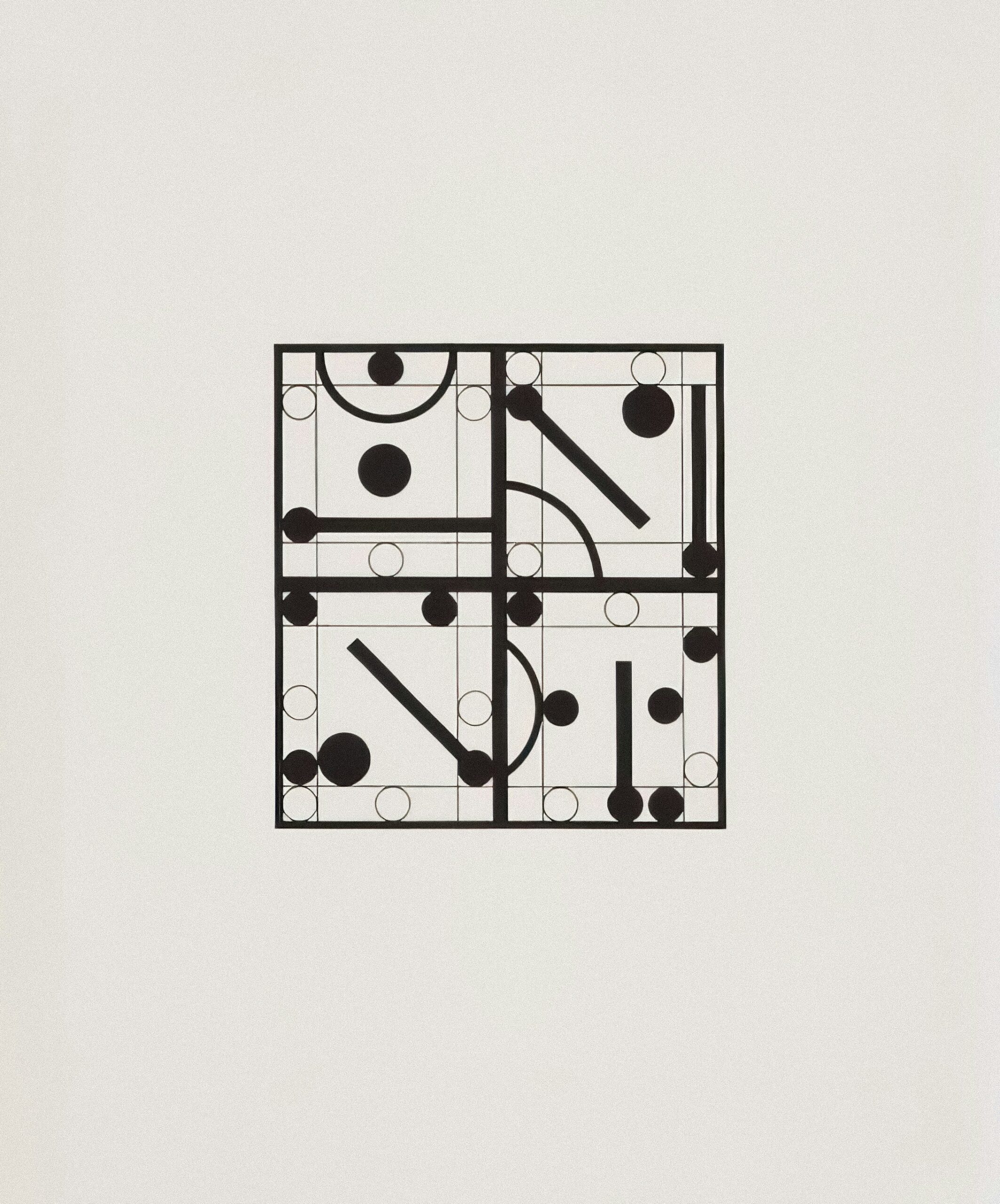 Abstract image composed of squares with random bold and outlined circles and lines